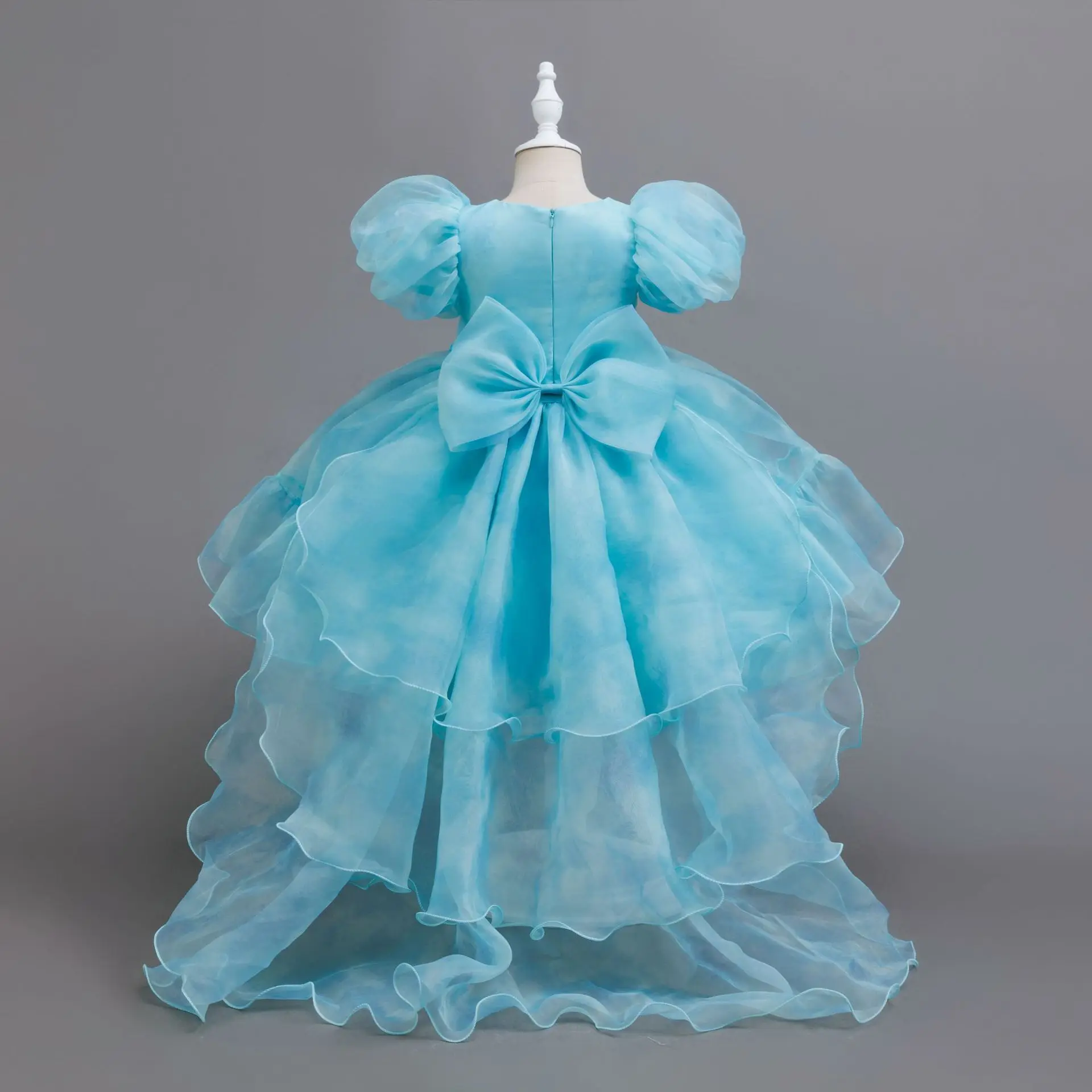 pink Girls' Tulle  trailing princess dress Cute and elegant  Bubble Sleeve Children's Performance birthday party beauty pageant