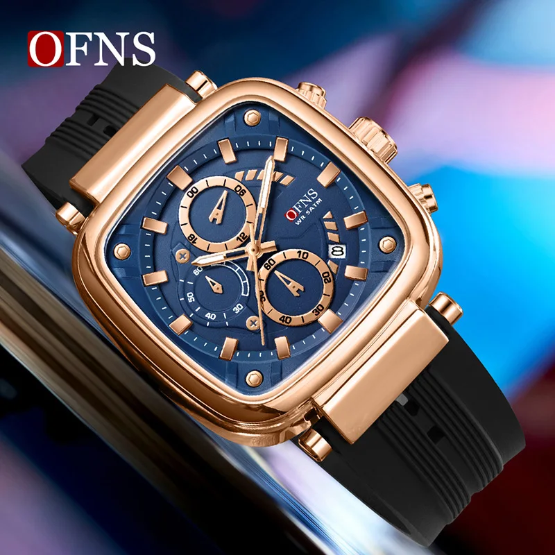 

OFNS new 1208 trendy square sports watch men's large dial six pin quartz multi timer luminous hands 5ATM waterproof youth watch