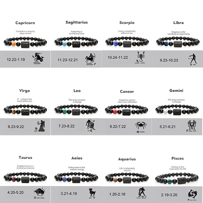 Fashion Zodiac Sign 12 Constellation Bracelet Natural Stone Black Matte Beads Bracelets Men Women Birthday Gift Jewelry Pulseras