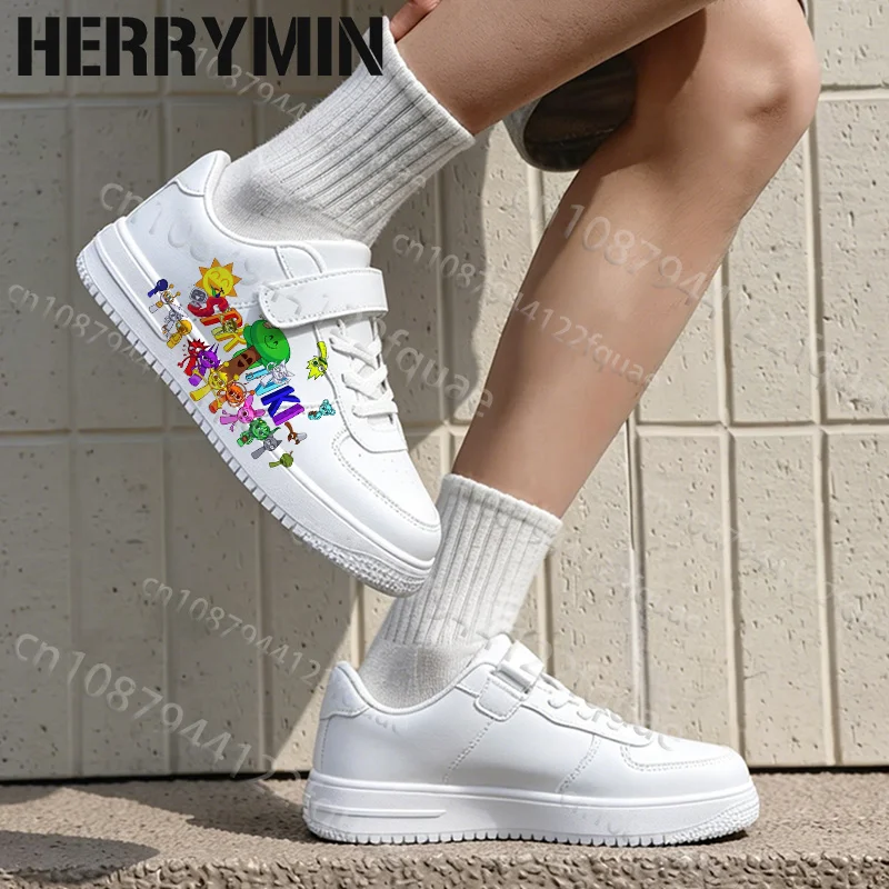 Picture 5: High Quality Boys Girls Kids S-Sprunkis Graffiti Printing Shoes Arch Support Solid Color Sole Lace Up White Shoes Size 28-40