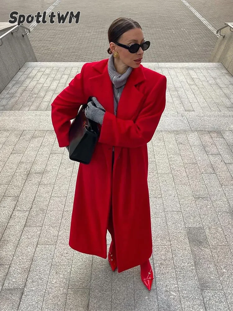 

2024 New Red Lapel Woolen Overcoats For Women Fashion Long Sleeves Button Casual Office Long Coat Autumn Lady Street Outerwear