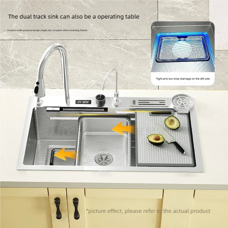 Intelligent Digital Display Waterfall Large Single Slot Stainless Steel Kitchen Sink Multifunctional Wash Dish Vegetables Basin