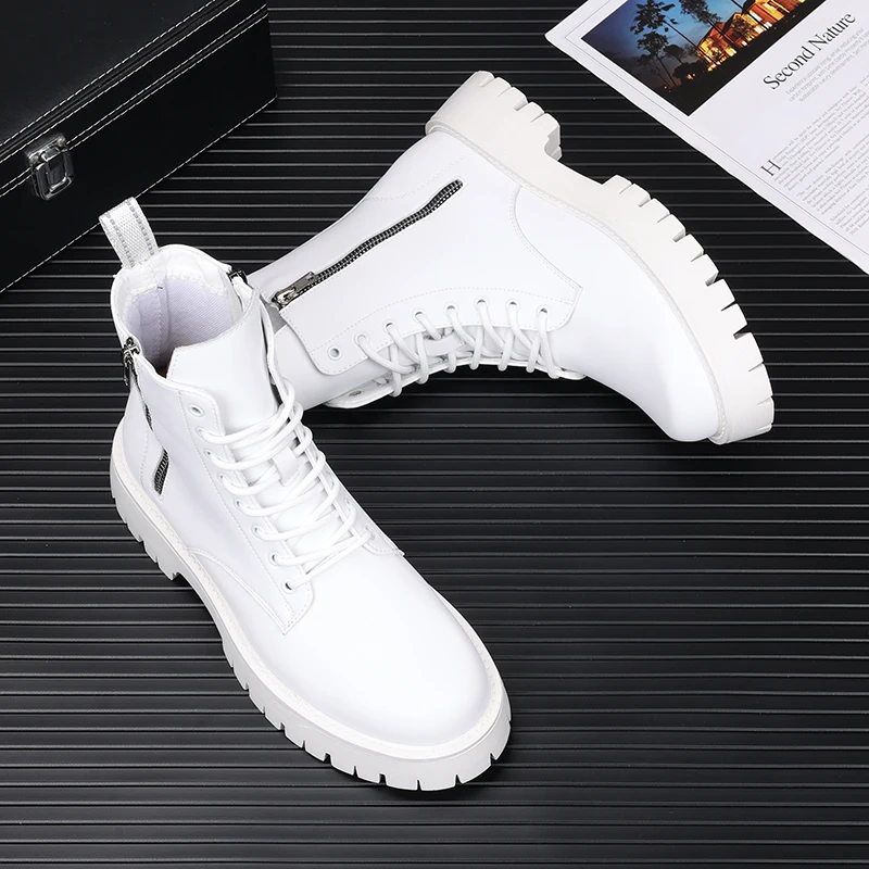 England style men luxury fashion high platform boots lace-up black white shoes original leather boot handsome motorcycle botas