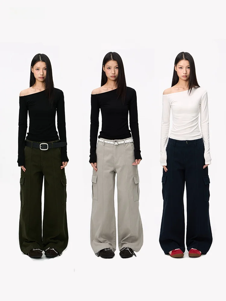 

American Retro Waed Multi-ket Workwear Jeans Wide Leg Pants Cleanfit Sle Cotton Straight Leg Pants for Universal Use