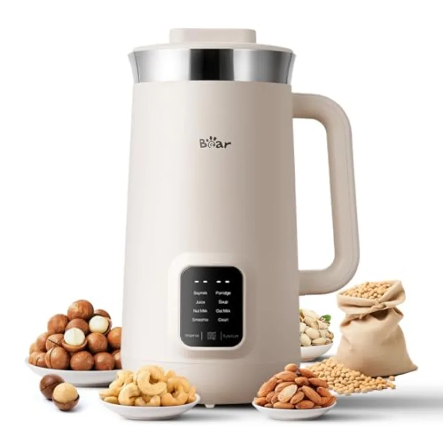 

8-in-1 nut milk maker for home use, stainless steel body, white, self-cleaning, 12H delay start, 6H keep warm, 40oz capacity
