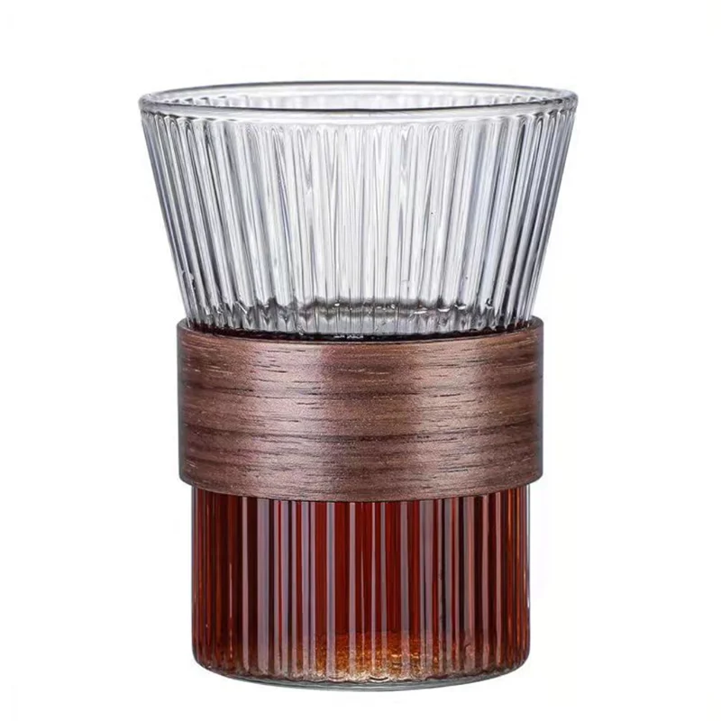 

250ml Insulated Glass with Wooden Handle Striped Design - Reusable Heat Resistant for Tea Wine Milk Drinkware