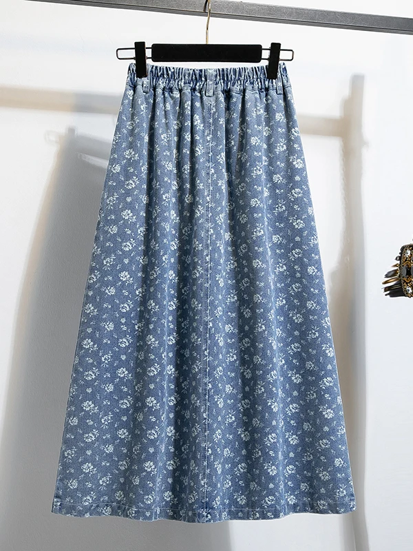 

Spring Autumn Embroidered Deep Blue Casual Women's Skirt Long Jeans f-length A-Line Skirt Ele Leisure Swing Skirt