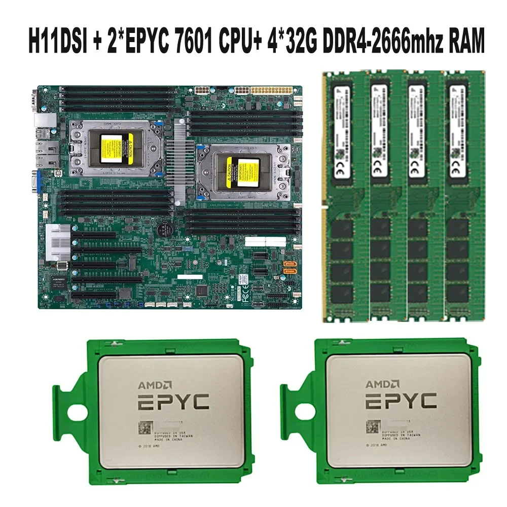 

For Supermicro H11DSI REV2.0 Motherboard SP3 Socket +2* EPYC 7601 32C/64T CPU Processor +4* 32GB =128GB DDR4 2666mhz RAM Memory