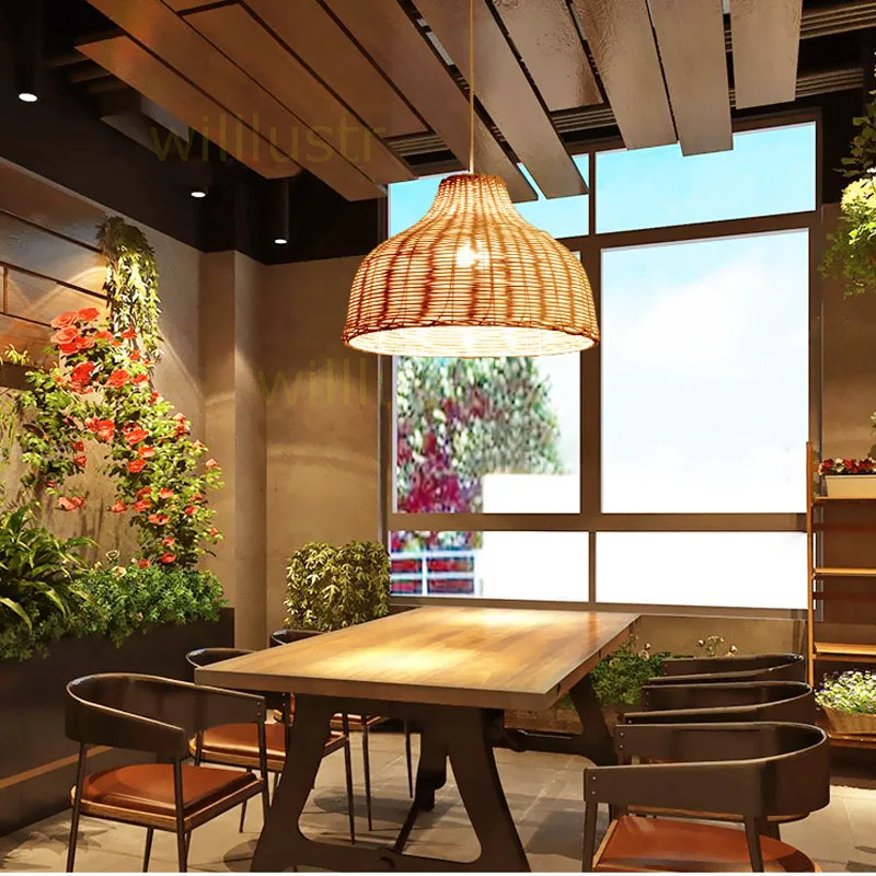 اليد محبوك الخوص قلادة ضوء اليدوية تعليق مصباح المواد الطبيعية المنزل غرفة الطعام بار فندق سقف معلق الثريا