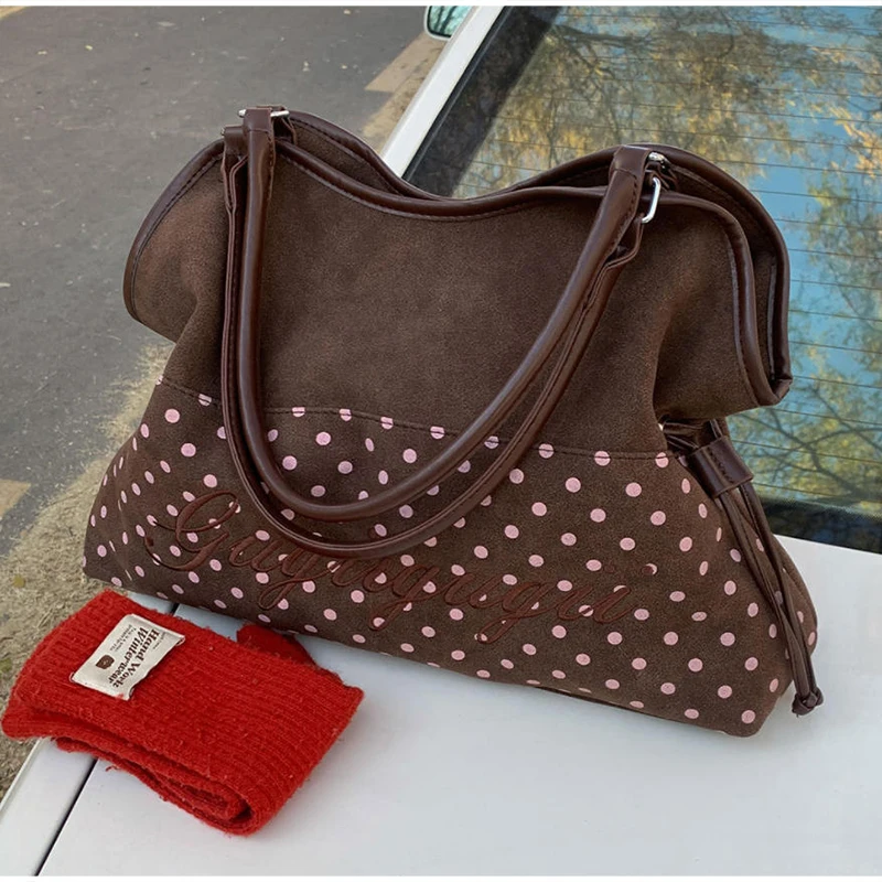 

Brand Polka Dot Shoulder Bag Korean Y2k Versatile Brown Women's Handbag Leopard Print Embroidery Design Large Capacity Tote Bag