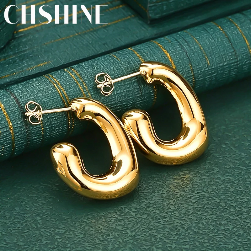 925 Sterling Silver 18K Gold Oval Chunky Open C Hoop Earrings for Women Fashion Wedding Party Jewelry