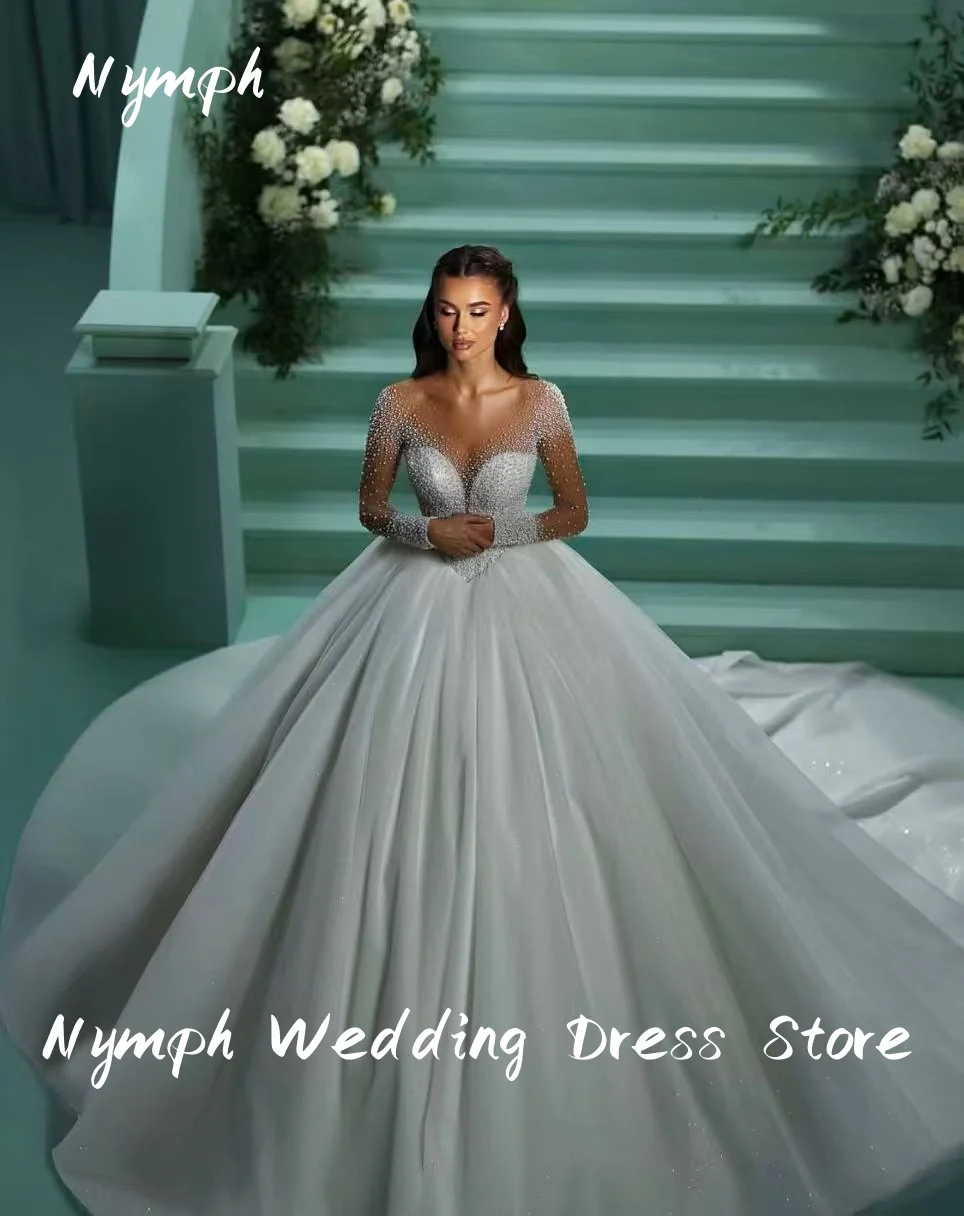 Suknie ślubne w stylu nimfy, szyte na miarę, z długimi rękawami, z brokatowego tiulu, zdobione perłami i koralikami, suknie ślubne, vestidos de novia