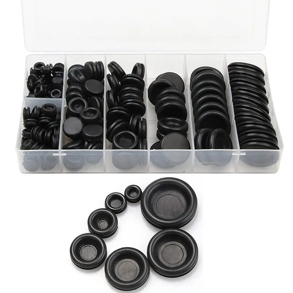 200Pcs NEW Black Grommet Kits 7 Sizes O-ring Washers for Wiring Single sided Closed Hole Plugs Rubber Grommets