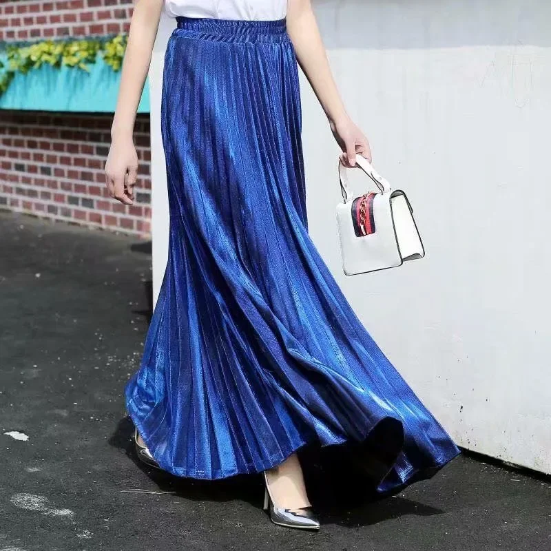 Spring Shine Pleated Ankle Long Skirt Skirt Metallic Golden Silver Beach A-line Maxi Long Skirts Burgundy Blue