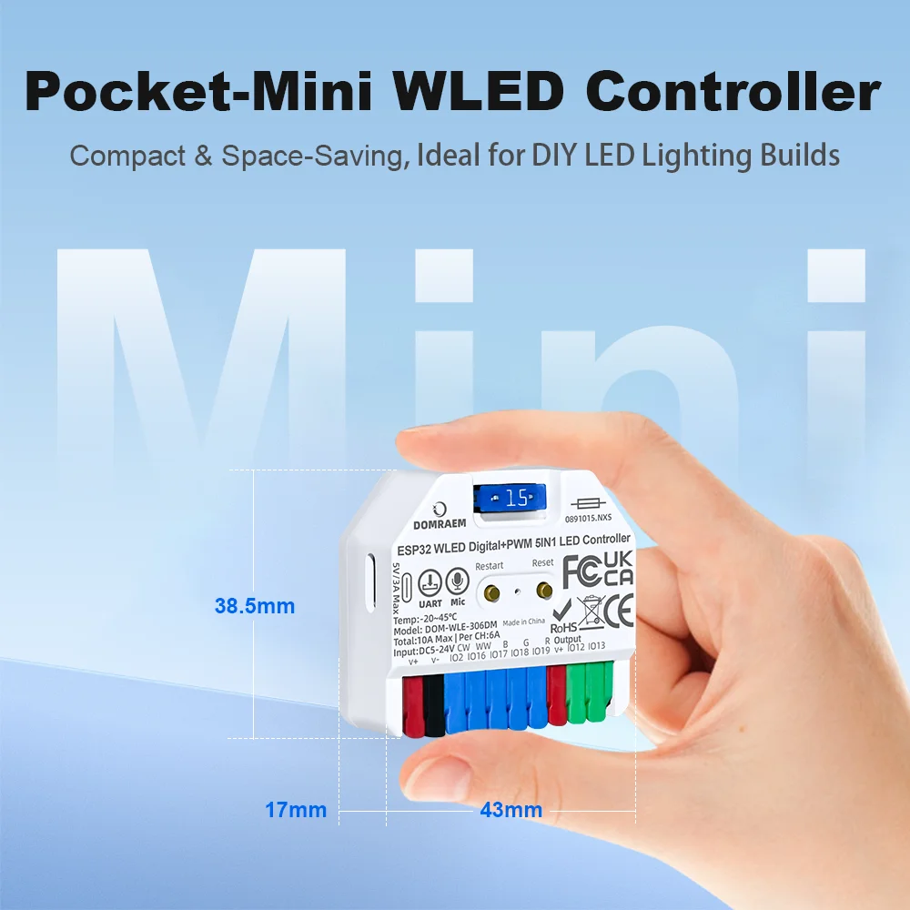DOMRAEM ESP32 Super Mini All-in-One WLED Controller Digital+PWM 5in1 For WS281X SK6812 RGBIC and PWM Dimmable LED Strip HA Alexa