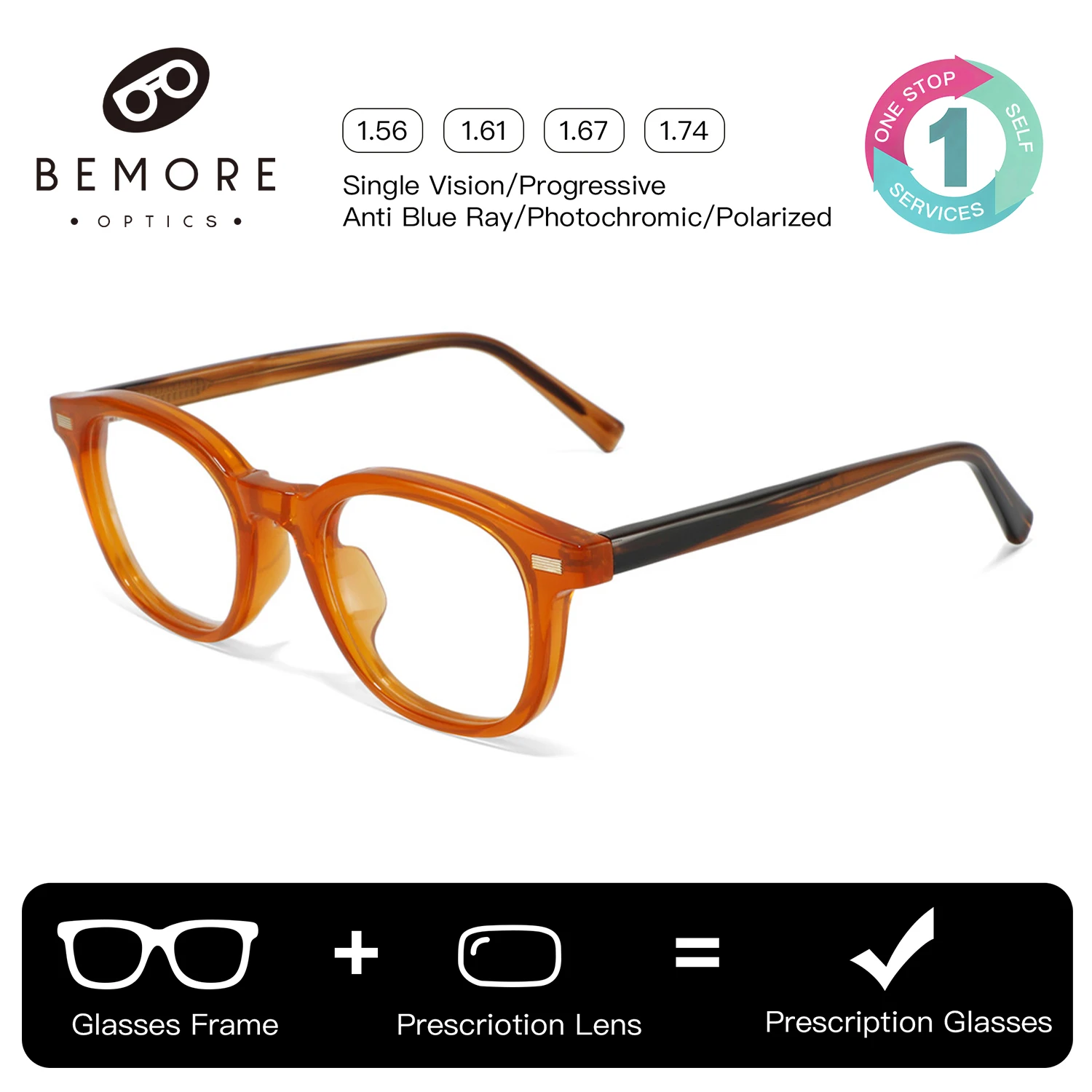 

BEMORE Custom Round Square Ultralight Acetate Myopia Glasses Man Blue Light Filter Multifocal Prescription Eyeglasses