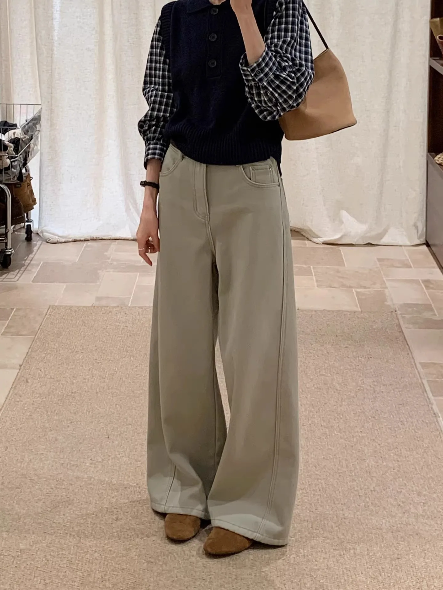 

Женские повседневные брюки с высокой талией и широкими штанинами, утепленные флисом, свободного кроя, в корейском стиле, осенне-зимние, с поясом