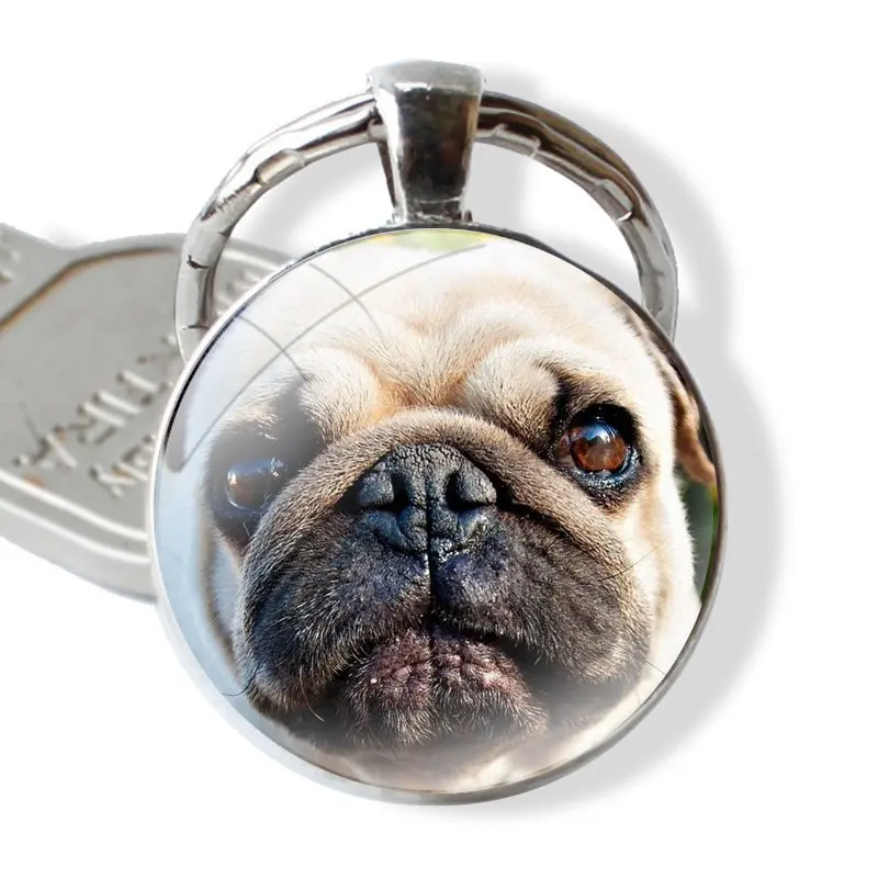 Funny Cute Pug Glass Metal Pendant Key Chain Classic Men Women Key Ring Accessories Jewelry Gifts