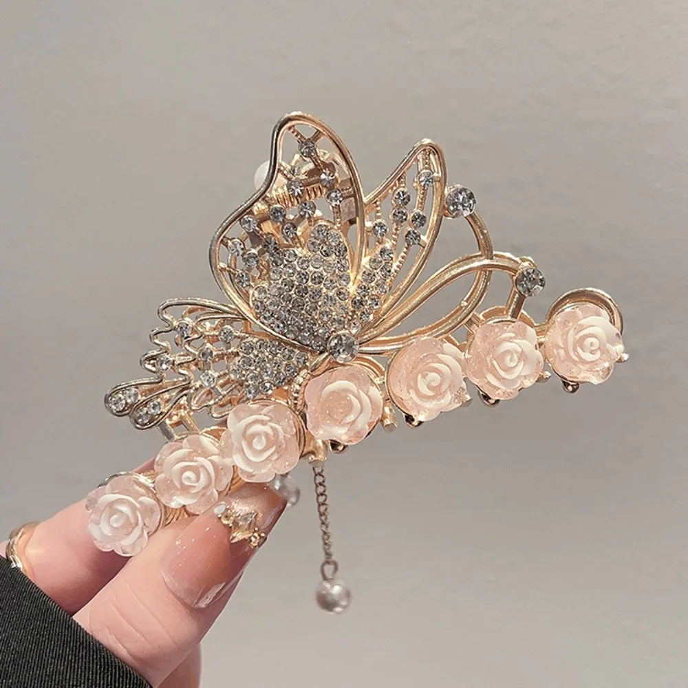 

Rose Butterfly Hair Clip Tone Sparkling Rhinestones Pearl Tassel Romantic Design Occasions Elegant Hairstyles Charming Accessory