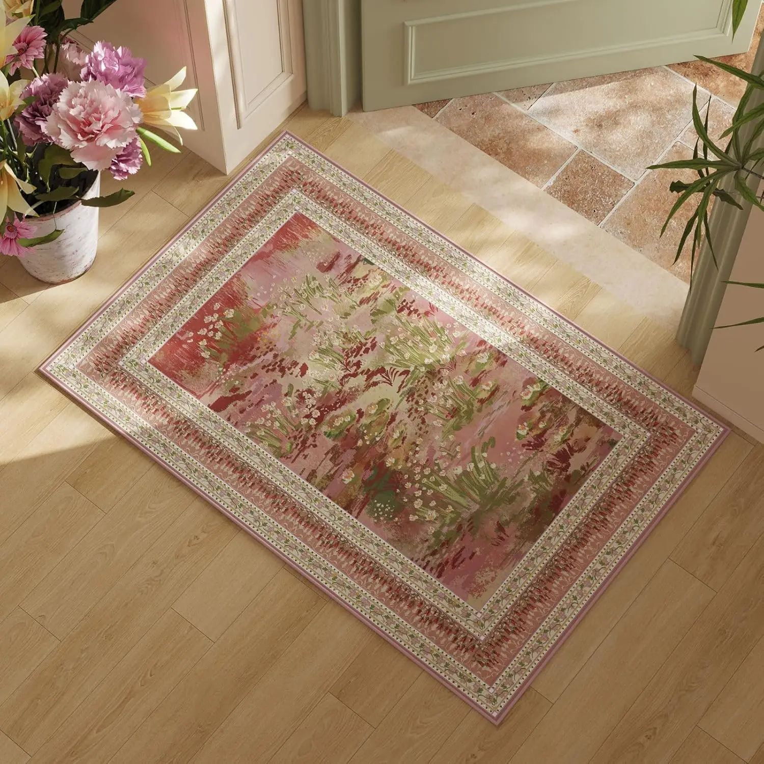 

Vintage Floral Oil Painting Carpet Green Plant Pattern Floor Mat Home Decoration Living Room with Border Rectangular Carpet