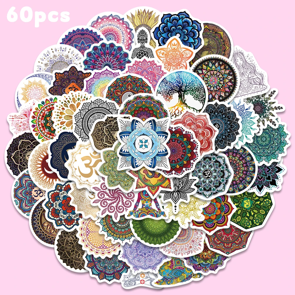 60pcs Mandala Flower Sticker Aesthetic Fashion Decal For Luggage Phone Magazine Guitar Skateboard DIY Decoration Sticker