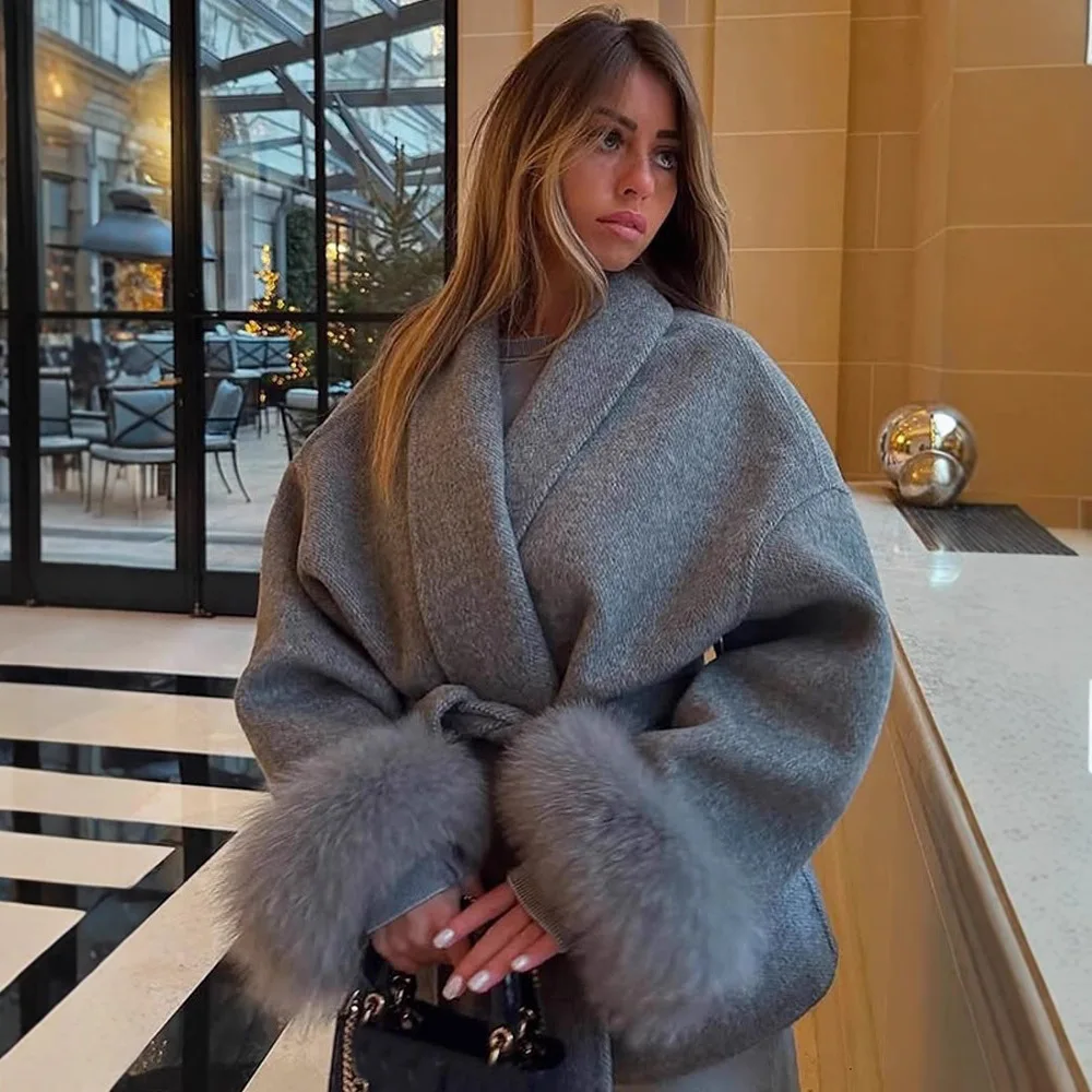 

Fox Fur Woolen Women Coat Grey Lace Up Fur-trimmed Cuffs Patchwork Female Wool Overcoat Elegant Commuter Office Jacket For Lady
