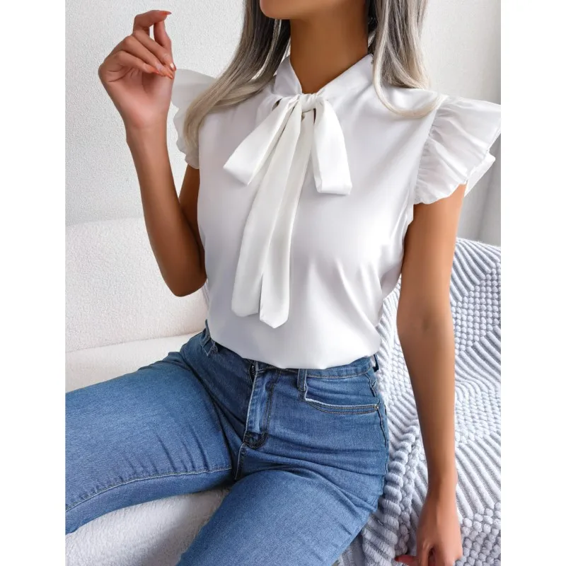 Solid Color Blouses Top Simple Bow Short Sleeved Shirt Ladies Lace Sleeve Women Early Spring/Summer Shirt