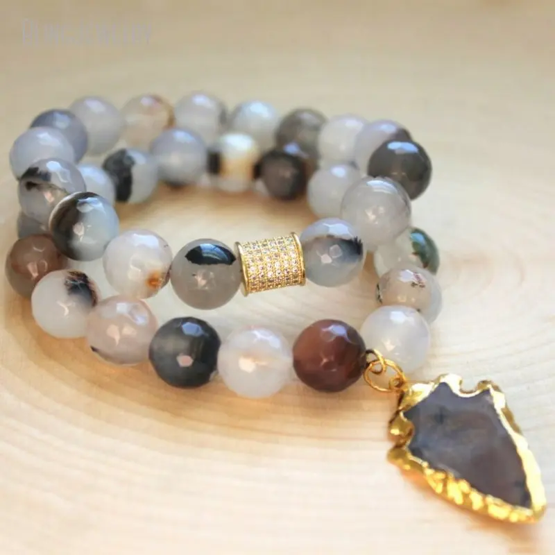 5sets Boho Power Bead Crystal  Kiwi Jasper Women Arm Party Healing Stretch Bracelet Gold Color Arrowhead Charm Jewelry Sets of 2