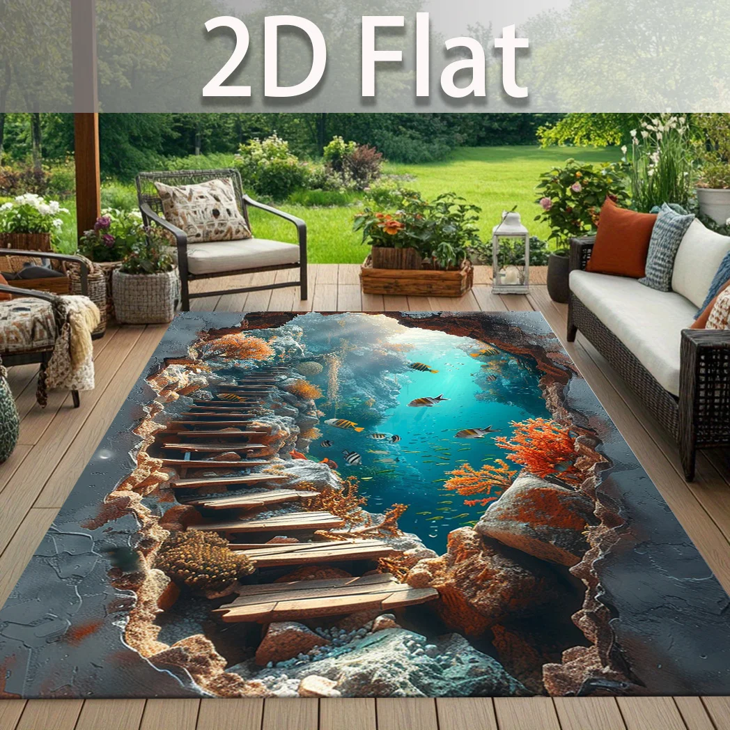 1pc 2D Flat Underwater Cave Wooden Ladder Pattern Area Rug, Rectangular Non‑Slip Home Rug, Suitable for Living Room, Bedroom