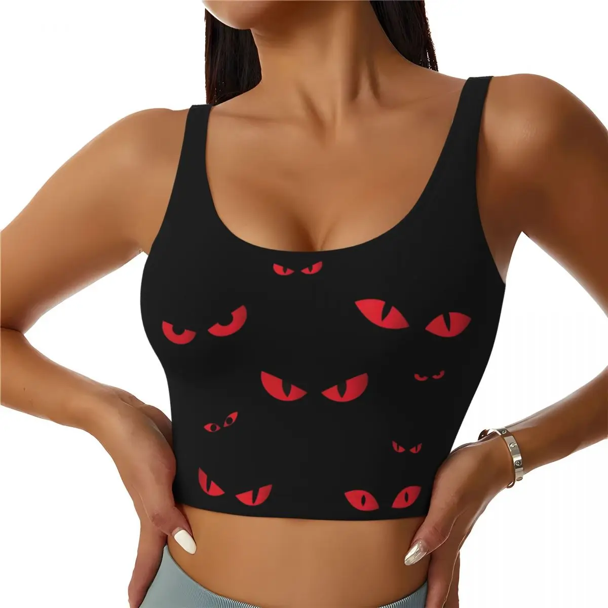 Custom Spooky Monster Eyes In The Dark Halloween Party Hollow Sports Bra Women High Impact Workout Yoga Crop Top