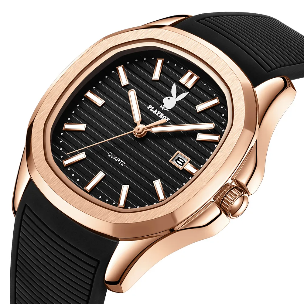 PLAYBOY Herrenuhren, trendiges Silikonarmband, Sport-Automatik-Datumsanzeige, wasserdicht, leuchtende Zeigeruhr, originelle Luxus-Quarzuhr für Herren