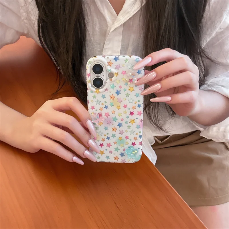 ويرلبول نمط IND بناتي القلب الملونة ستار جراب هاتف مع نجوم ثلاثية الأبعاد آيفون 11 12 13 14 15 16 17 برو ماكس