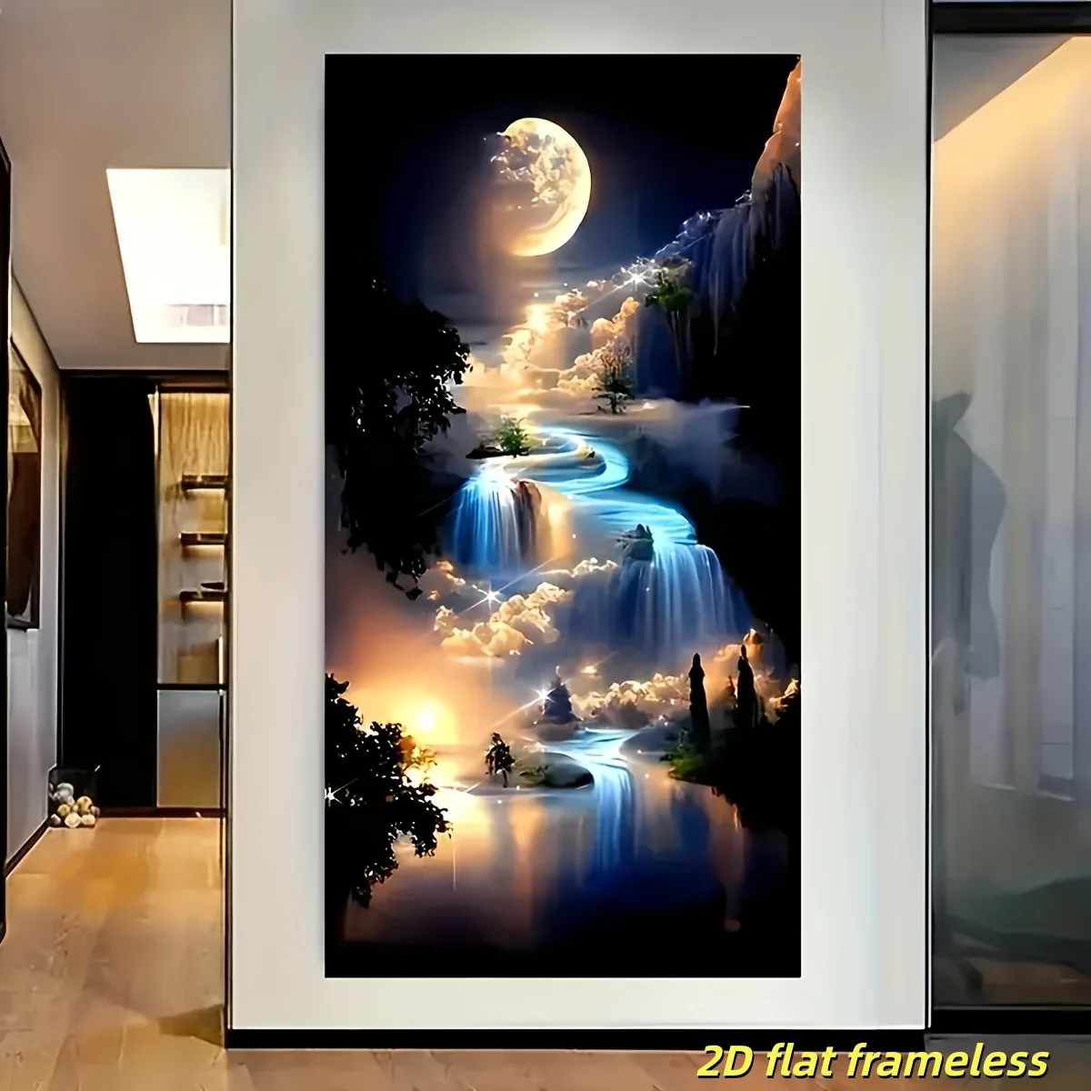 1 modern abstract waterfall moon canvas poster, 2D flat printing frameless painting for wall decoration in office and living roo