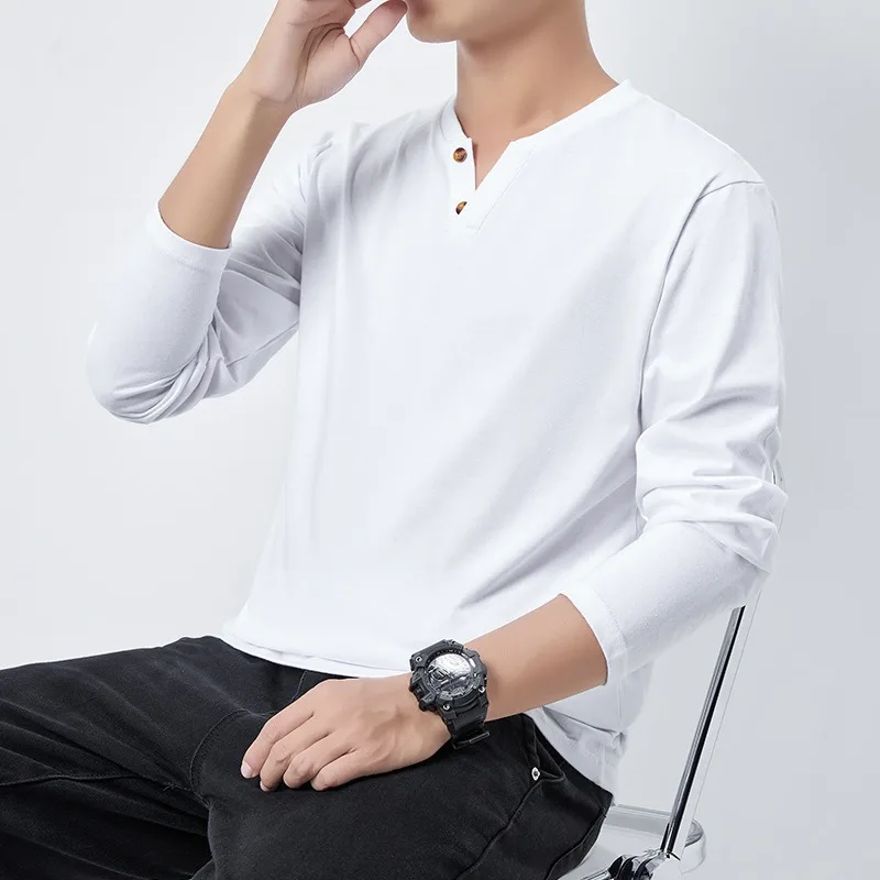 Men Cotton Henley Long Sleeve T Shirt Buttons V Neck Loose Fit Casual Tops Inner Shirts For Autumn