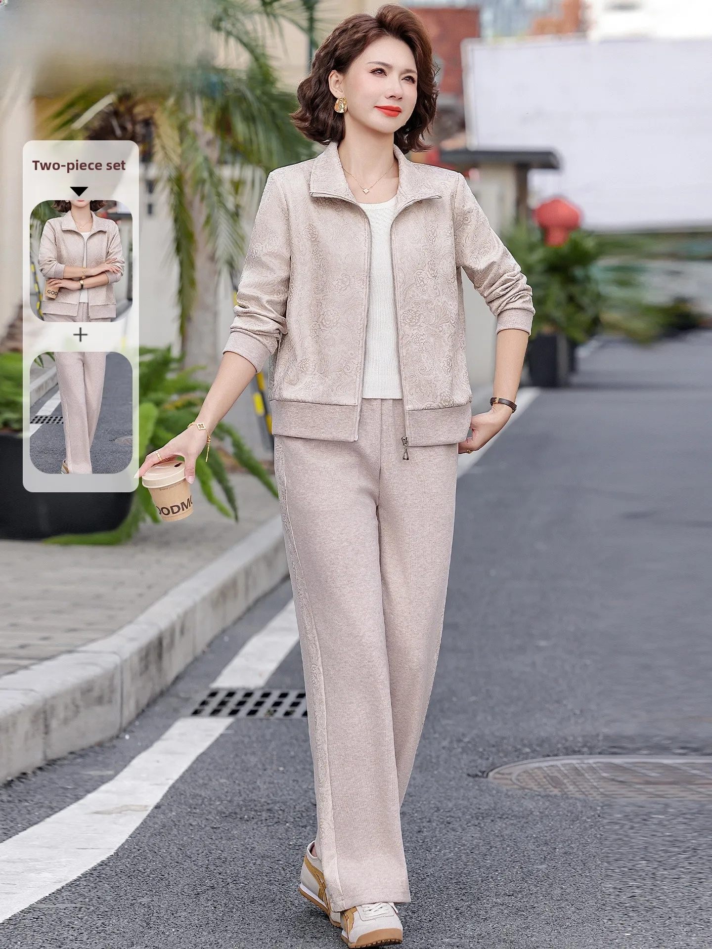 

Casual Sportswear Set for Young Mothers Middle-Aged Women Spring Faionable Two-Piece Outerwear Loose Fit Zipper Closure