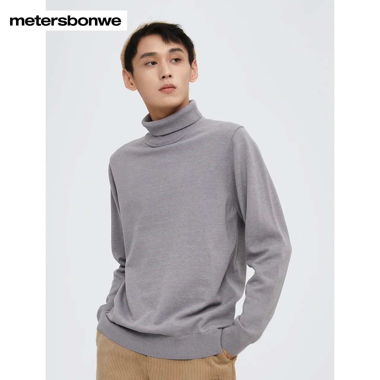 Metersbonwe High Neck Sweater Men Winter Solid Warm Casual Sweaters Grey Layover Pullover Comfortable Long Sleeve Top Brand