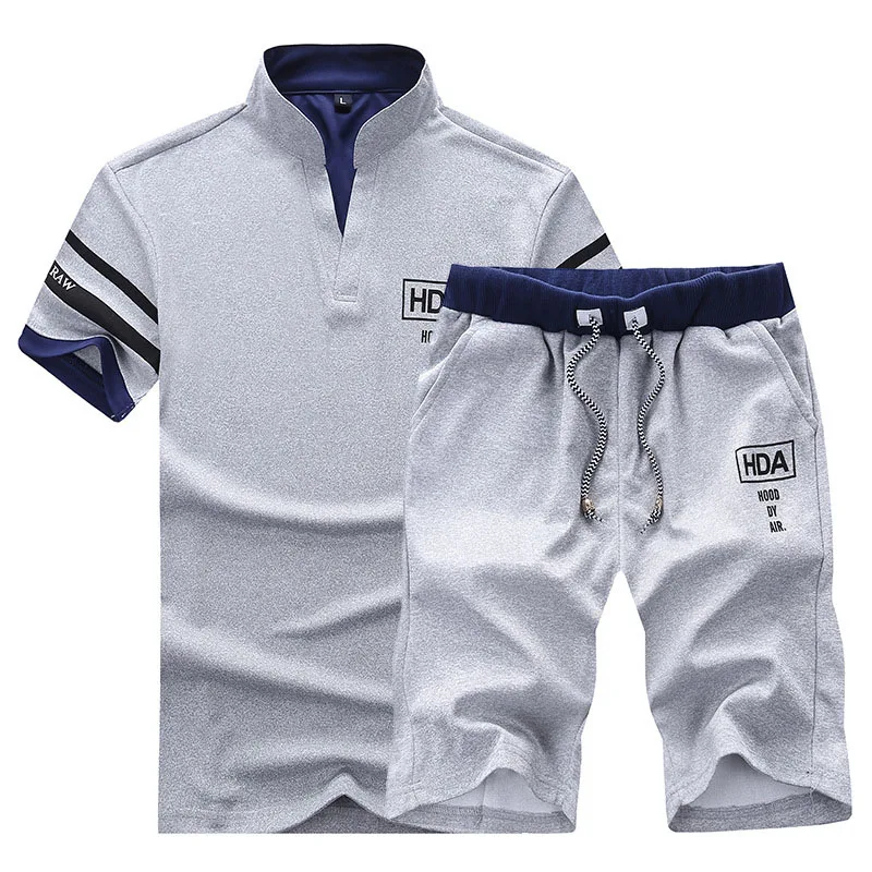

2026 Summer Short Sleeve Casaul Slim Fit Sporting Suit Mens Masculino T Shirt+Shorts Two Pieces Sets Fashion Tracksuit Men Set