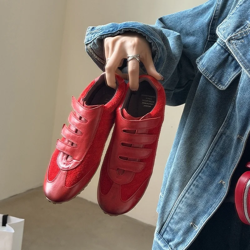 Women Genuine Washed Cow & Suede Sneakers Magic Tape Flat Retro Trainer 2.5CM Invisible Heel TPR Outsole Casual Footwear F417