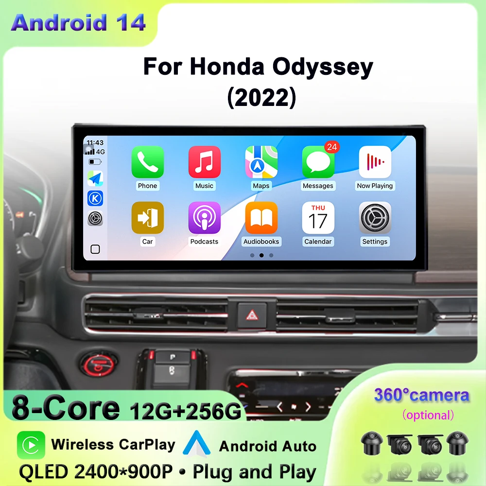 

For Honda Odyssey 2022 Car Video Multimedia Player GPS Navigation Android Auto Wireless Carplay Touch screen QLED 2400*900P WIFI