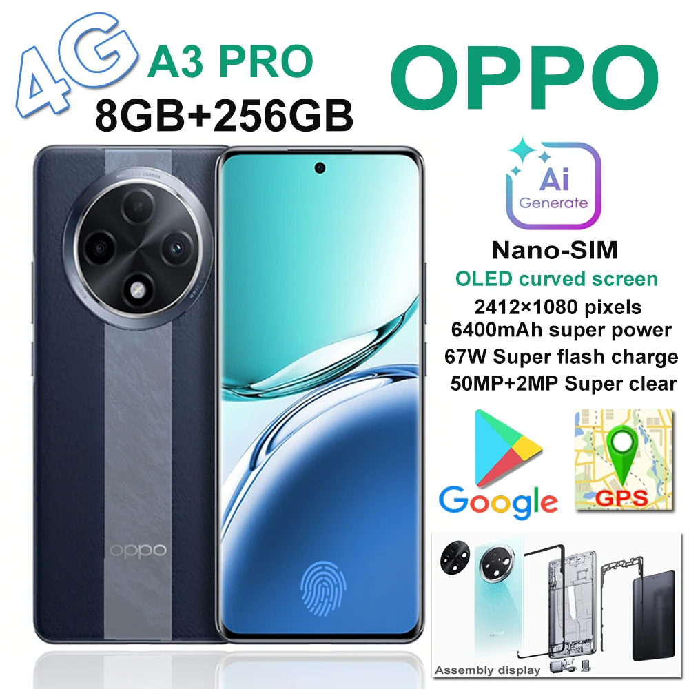 OPPO A3 Pro OLED curved screen smartphone 2412×1080 pixels 64MP+2MP main camera AI selfie 8MP front camera