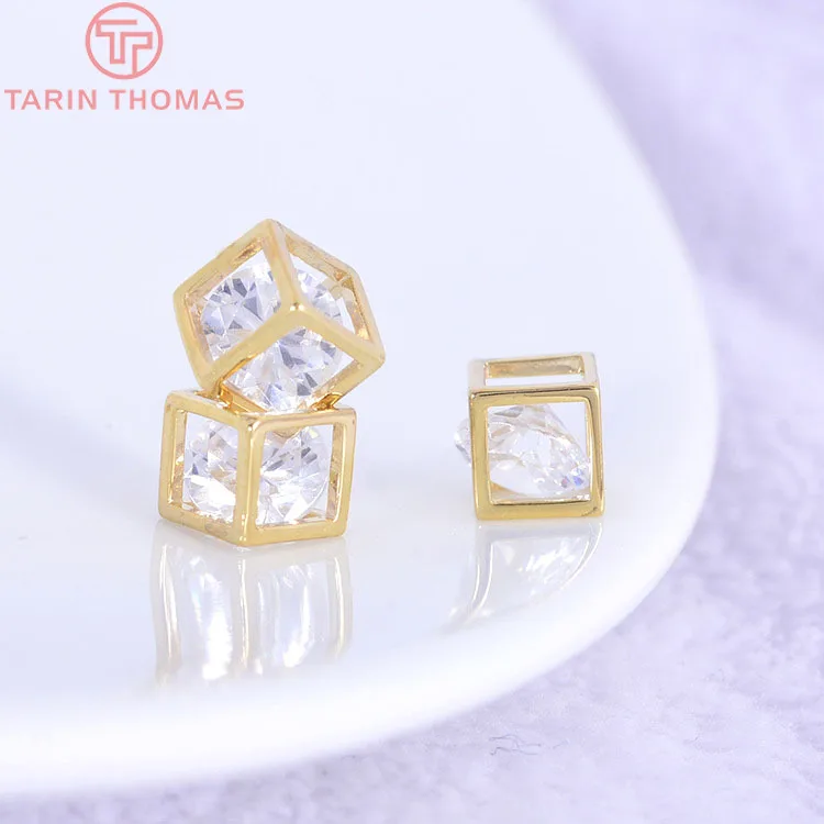 (3001)6PCS 5MM 24K Gold Color Plated Brass with Zircon Cube Charms Pendants High Quality Diy Jewelry Accessories