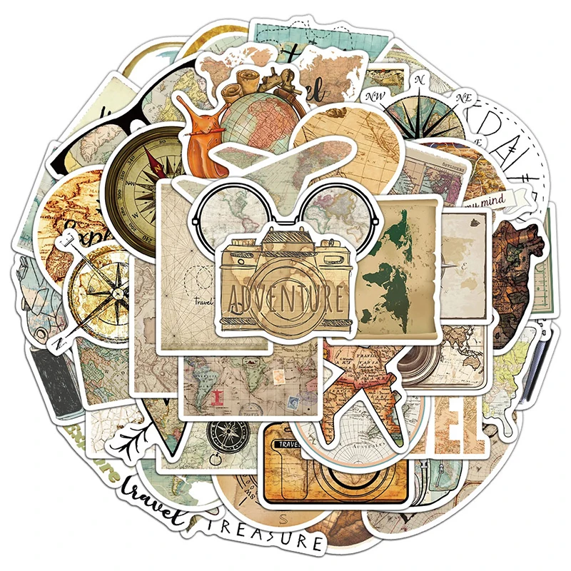 50PCS Vintage Travel Stickers Aesthetic Clock Maps Sticker Retro Adventure Globe Compass Map Vinyl Decals for Luggage Suitcase