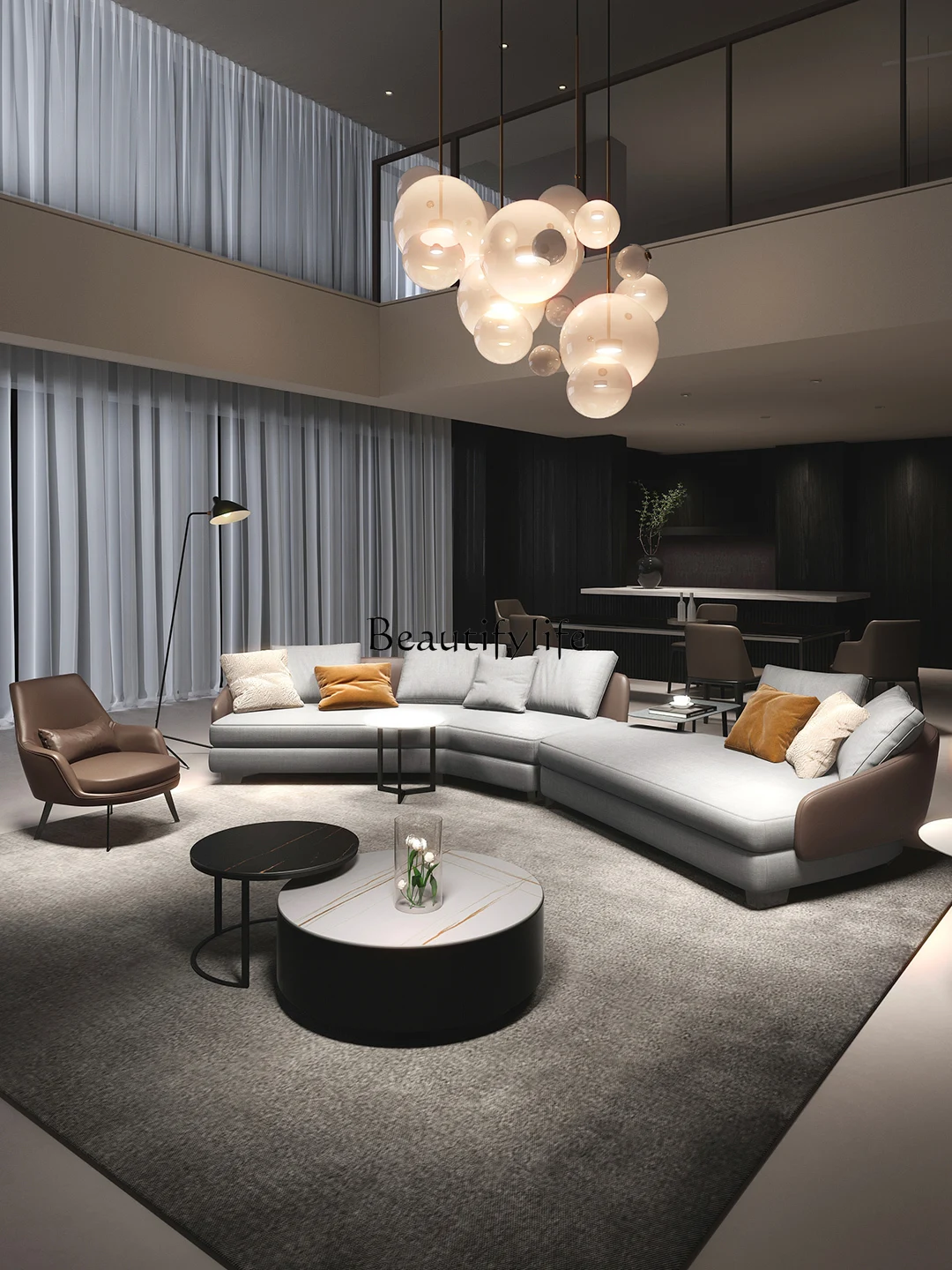 12High-End Villa Arc-Shaped Corner Fabric Sofa Minimalist Italian Light Luxury Elegant Shaped