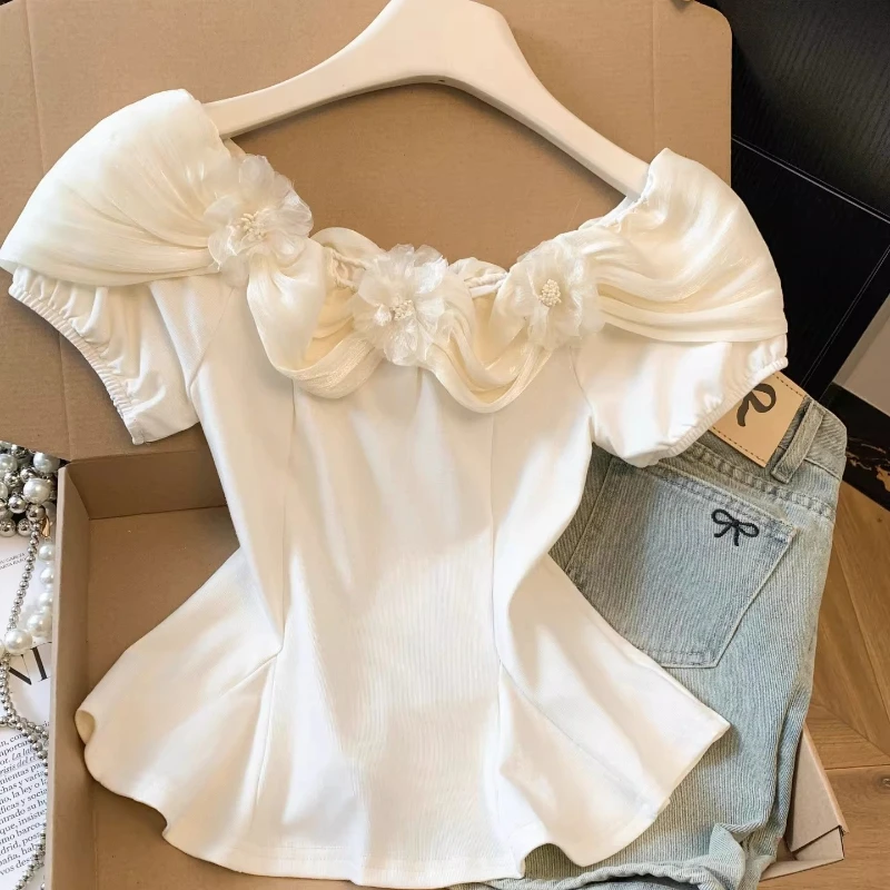 Women's Elegant Top Summer French Sweet 3D Flower Color Contrast Slim-Fit Tight Waist Blouse Sexy Y2k Off-Shoulder T-Shirt Trend