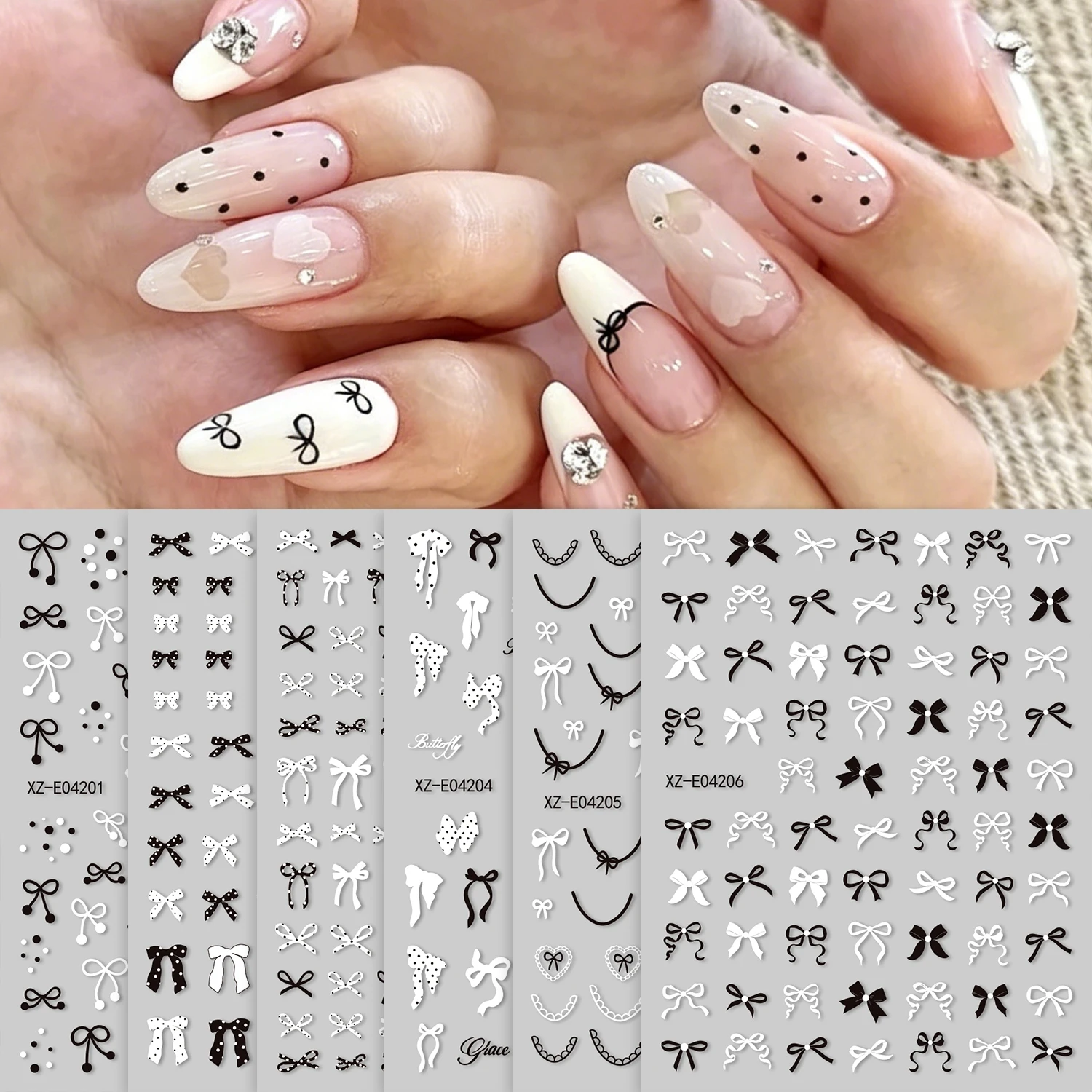6sheets Black White Polka Dot Bow Nail Stickers Kits 3D Sexy Black French Ribbon Bowknot,White Wave Point Elegant Bow Tie Decor