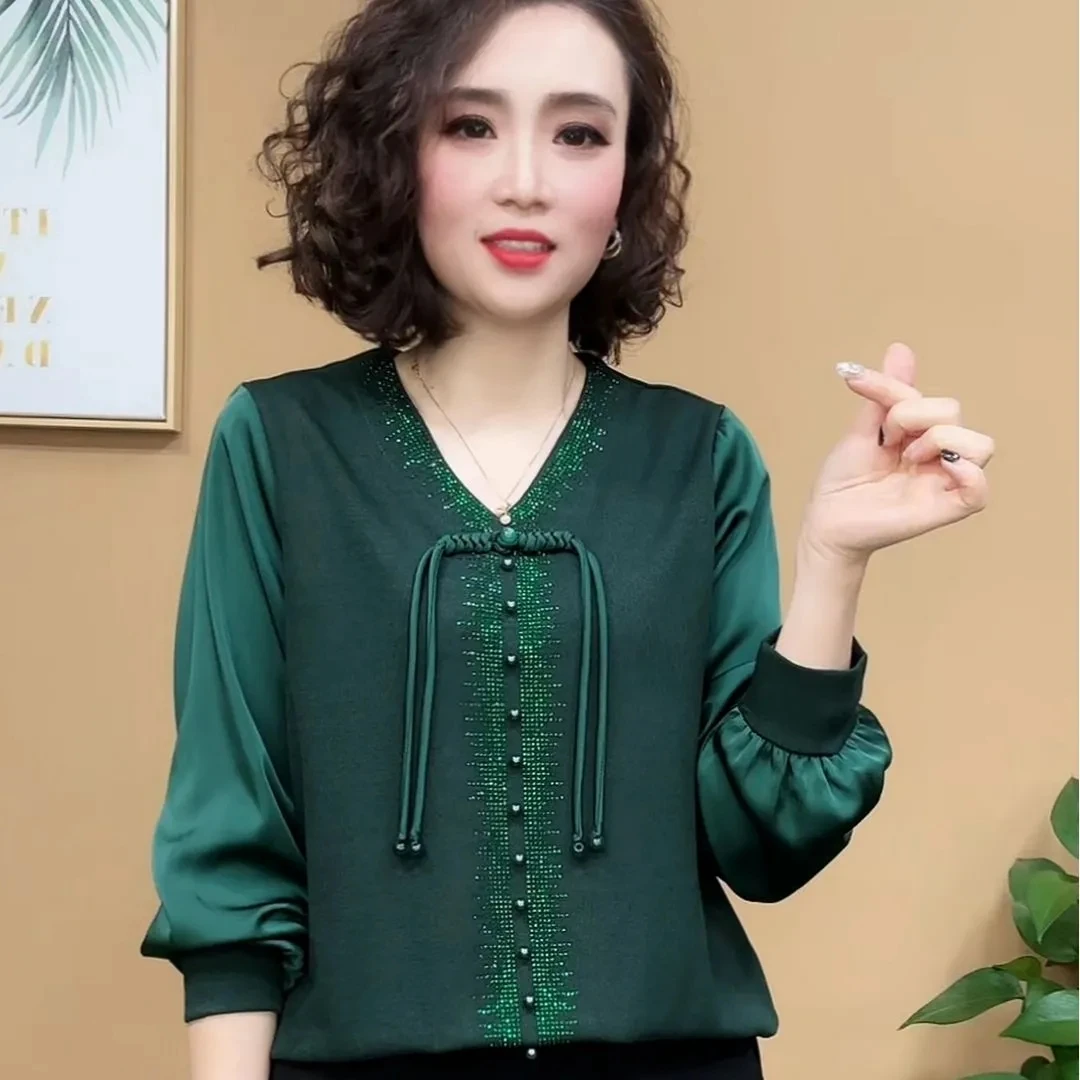 

Spring Autumn Women's 2024 New Solid Color V-Neck Heavy Industry Diamond Inlay Bow Fashion Loose Casual Long Sleeve Tops