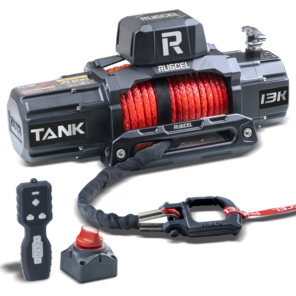 

RUGCEL WINCH 13500lb New Waterproof Electric Synthetic Rope Winch 12V with Hawse Fairlead,2 in 1 Infrared Remote Control,Wired C