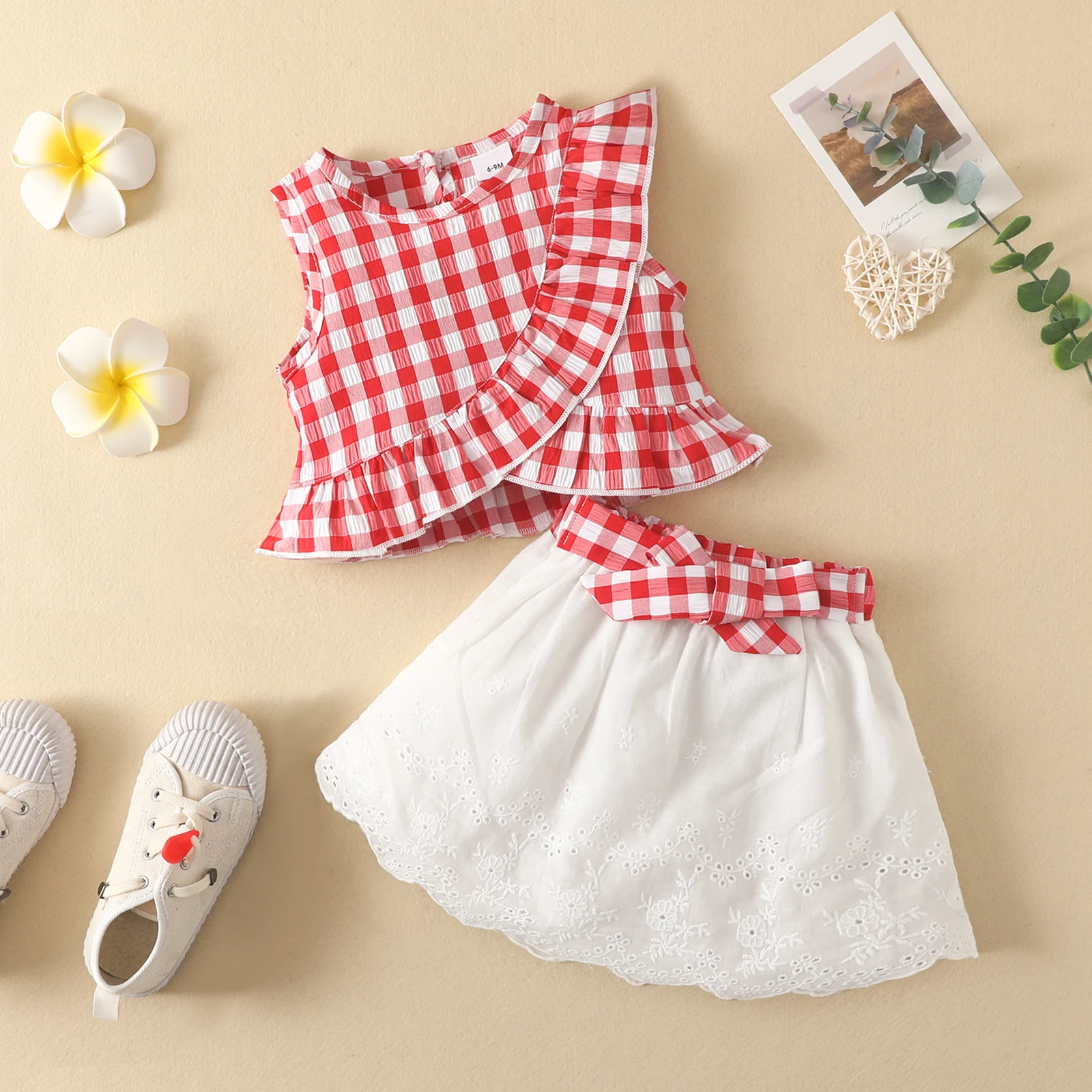 Charming Girls\' Summer Ensemble: Sleeveless Plaid Ruffle Top & Lace Hem Skirt - Comfy, Durable & Stylish