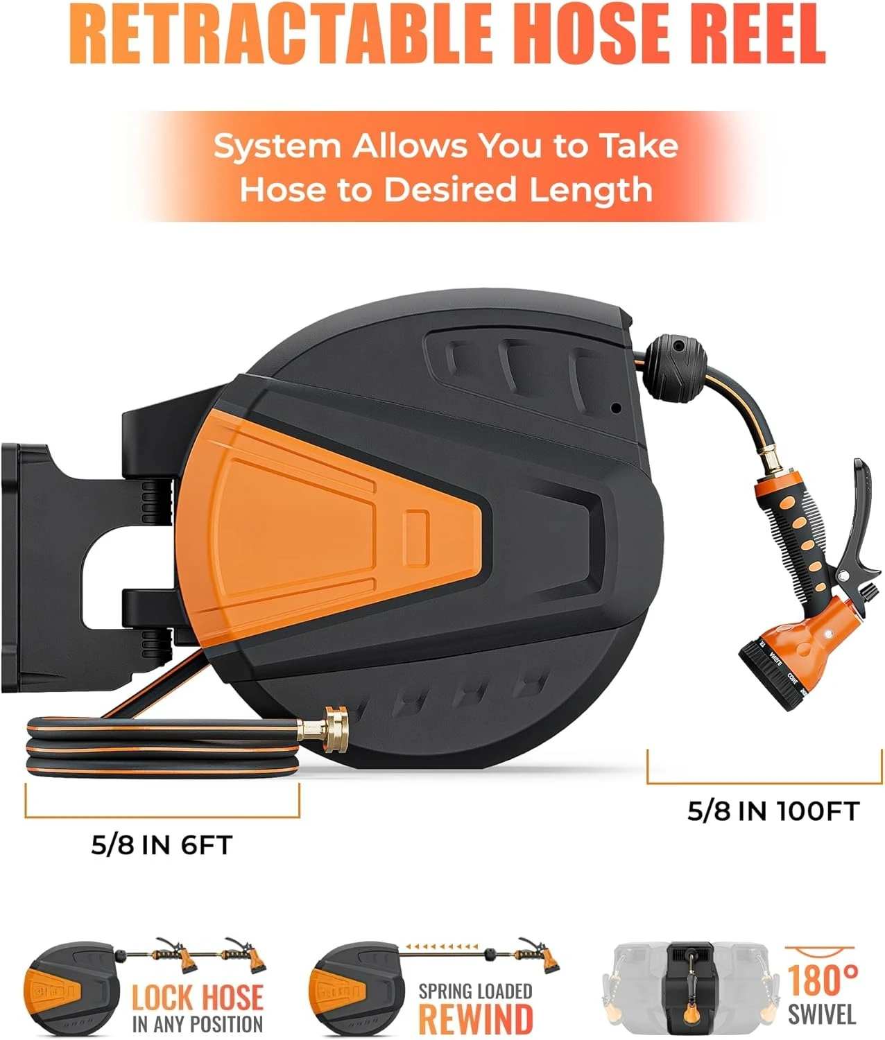 

Выдвижная катушка для садового шланга, настенная катушка для шланга 5/8 x 100 футов, с 9-функциональной насадкой-распылителем, замком любой длины/горячей продажи