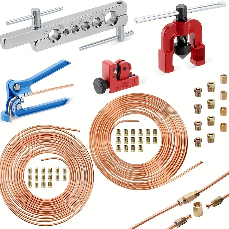 

44pcs/set 25ft 3/16" & 1/4" Copper Coated Brake Line Kit (Include 32 Fittings, 4 Unions And 8 Nuts) + Single Brake Line Flaring Tool Kit + Brake Line Bender + Tube Cutter